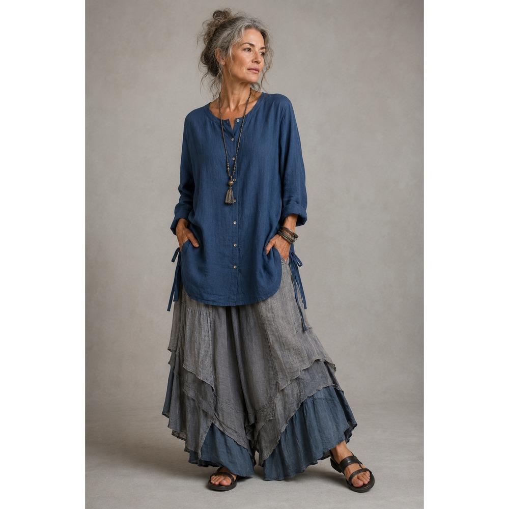 J. Jill Love Linen Tunic MT Blue‎ Long Sleeve Side Tie Coastal Minimalist Boho